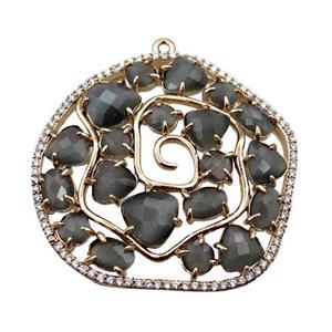 copper flower pendant paved zircon with gray crystal glass, hollow, gold plated, approx 40mm