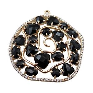 copper flower pendant paved zircon with black crystal glass, hollow, gold plated, approx 40mm