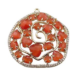 copper flower pendant paved zircon with orange crystal glass, hollow, gold plated, approx 40mm