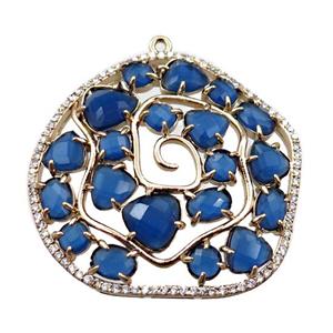 copper flower pendant paved zircon with blue crystal glass, hollow, gold plated, approx 40mm