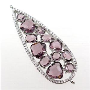 copper teardrop connector paved zircon with purple crystal glass, hollow, platinum plated, approx 19-50mm