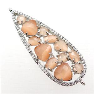copper teardrop connector paved zircon with peach crystal glass, hollow, platinum plated, approx 19-50mm