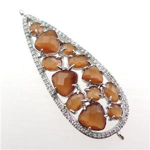 copper teardrop connector paved zircon with brown crystal glass, hollow, platinum plated, approx 19-50mm