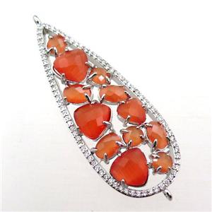 copper teardrop connector paved zircon with orange crystal glass, hollow, platinum plated, approx 19-50mm