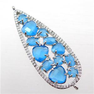 copper teardrop connector paved zircon with blue crystal glass, hollow, platinum plated, approx 19-50mm