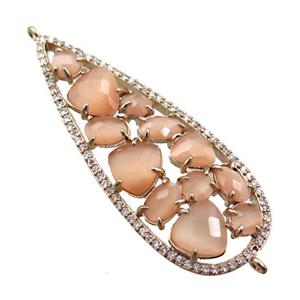 copper teardrop connector paved zircon with peach crystal glass, hollow, gold plated, approx 19-50mm