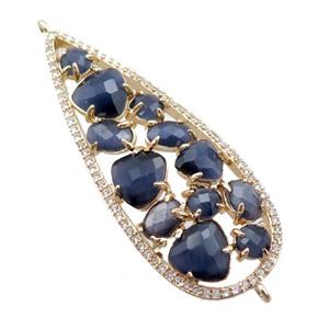 copper teardrop connector paved zircon with blue crystal glass, hollow, gold plated, approx 19-50mm