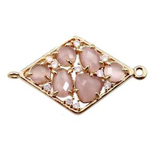 copper polygon connector paved zircon with pink crystal glass, hollow, gold plated, approx 19-25mm