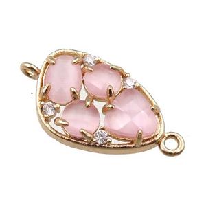 copper teardrop connector paved zircon with pink crystal glass, hollow, gold plated, approx 12-18mm
