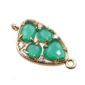 copper teardrop connector paved zircon with green crystal glass, hollow, gold plated, approx 12-18mm