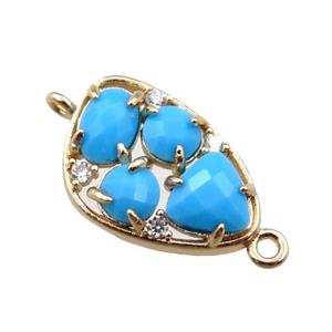 copper teardrop connector paved zircon with blue crystal glass, hollow, gold plated, approx 12-18mm