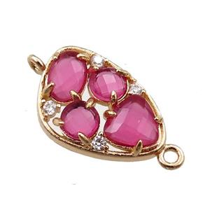 copper teardrop connector paved zircon with pink crystal glass, hollow, gold plated, approx 12-18mm