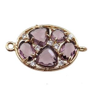 copper oval connector paved zircon with purple crystal glass, hollow, gold plated, approx 15-20mm