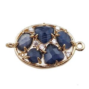 copper oval connector paved zircon with inkblue crystal glass, hollow, gold plated, approx 15-20mm