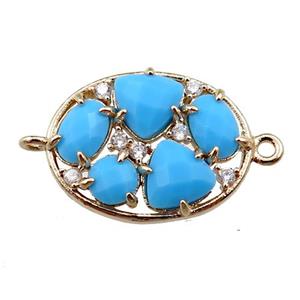 copper oval connector paved zircon with blue crystal glass, hollow, gold plated, approx 15-20mm