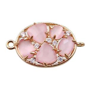 copper oval connector paved zircon with pink crystal glass, hollow, gold plated, approx 15-20mm