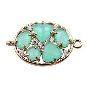 copper oval connector paved zircon with green crystal glass, hollow, gold plated, approx 15-20mm
