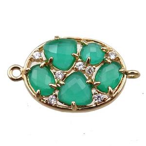 copper oval connector paved zircon with green crystal glass, hollow, gold plated, approx 15-20mm