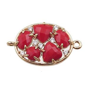 copper oval connector paved zircon with red crystal glass, hollow, gold plated, approx 15-20mm