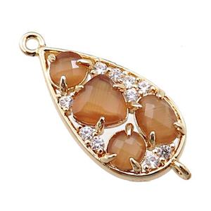 copper teardrop connector paved zircon with peach crystal glass, hollow, gold plated, approx 12-22mm
