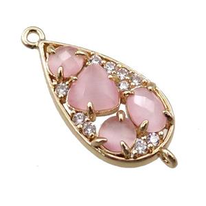 copper teardrop connector paved zircon with pink crystal glass, hollow, gold plated, approx 12-22mm