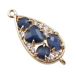 copper teardrop connector paved zircon with inkblue crystal glass, hollow, gold plated, approx 12-22mm
