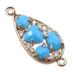copper teardrop connector paved zircon with blue crystal glass, hollow, gold plated, approx 12-22mm