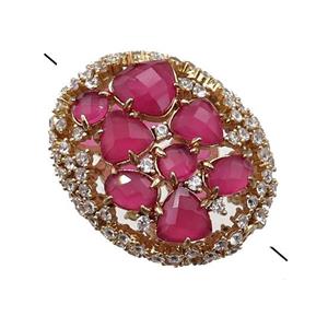 copper oval beads paved zircon with pink crystal glass, hollow, gold plated, approx 25-30mm