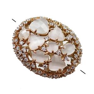 copper oval beads paved zircon with white crystal glass, hollow, gold plated, approx 25-30mm
