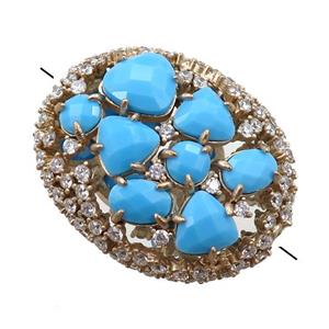 copper oval beads paved zircon with blue crystal glass, hollow, gold plated, approx 25-30mm