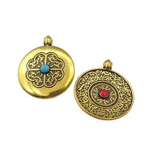 tibetan mandala zinc circle pendant, antique gold, approx 22mm dia