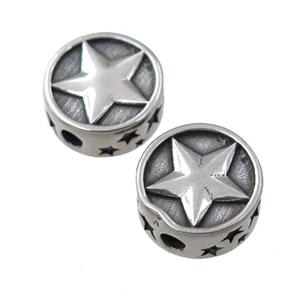 Stainless Steel button coin beads, star, antique silver, approx 10.5mm