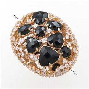 copper oval beads paved zircon with black crystal glass, hollow, gold plated, approx 25-30mm