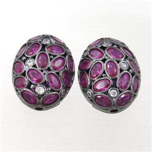 copper oval beads pave hotpink zircon, hollow, black plated, approx 17-22mm