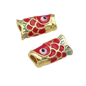 alloy fish beads with red enamel, gold plated, approx 9-16mm, 4mm hole