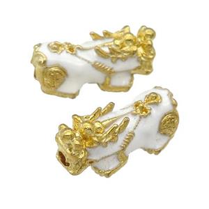 alloy Pixiu beads, white enamel, gold plated, approx 12-24mm, 3mm hole