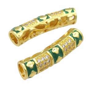 copper tube beads paved zircon with green enaeml, gold plated, approx 8-30mm, 5mm hole
