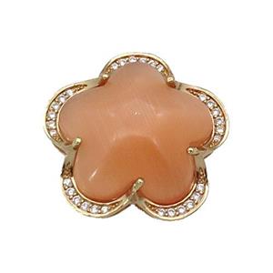 copper Flower pendant paved peach Cat Eye Crystal, gold plated, approx 25mm