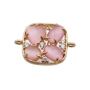 copper square connector pave pink Cat Eye Crystal, gold plated, approx 15mm