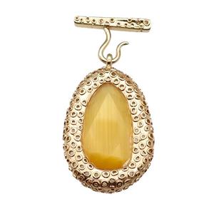 copper oval pendant pave yellow Cat Eye Crystal, gold plated, approx 30-45mm, 20-27mm