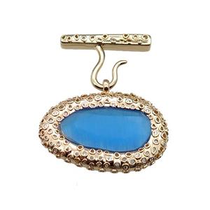 copper oval pendant pave blue Cat Eye Crystal, gold plated, approx 25-38mm, 20-27mm