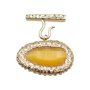 copper oval pendant pave yellow Cat Eye Crystal, gold plated, approx 25-38mm, 20-27mm