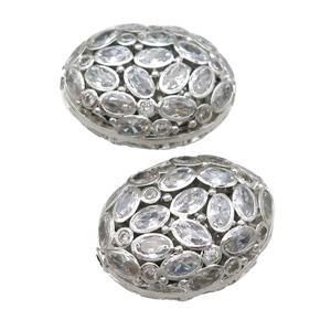 copper oval beads pave zircon, platinum plated, approx 20-26mm
