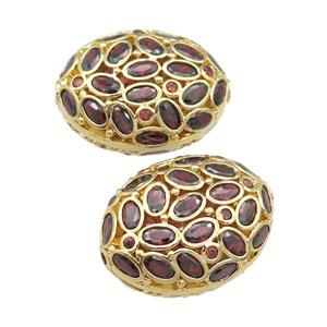 copper oval beads red pave zircon, gold plated, approx 20-26mm