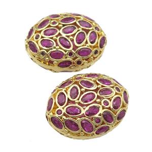 copper oval beads pave hotpink zircon, gold plated, approx 20-26mm