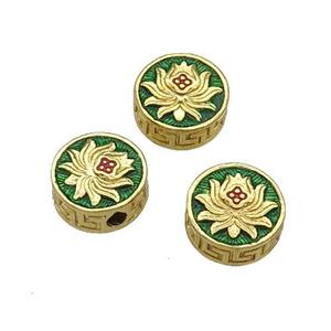 Copper Coin Beads Green Enamel Lotus Gold Plated, approx 9mm dia