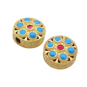 Copper Coin Beads Enamel Gold Plated, approx 12mm dia