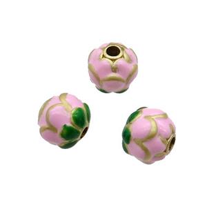 Copper Lotus Beads Pink Enamel Duck Gold, approx 9-10mm