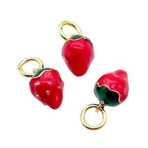 Alloy Strawberry Pendant Red Enamel Gold Plated, approx 8-11mm