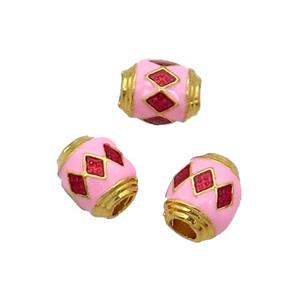 Alloy Barrel Beads Pink Enamel Large Hole Gold Plated, approx 7-9mm, 3mm hole
